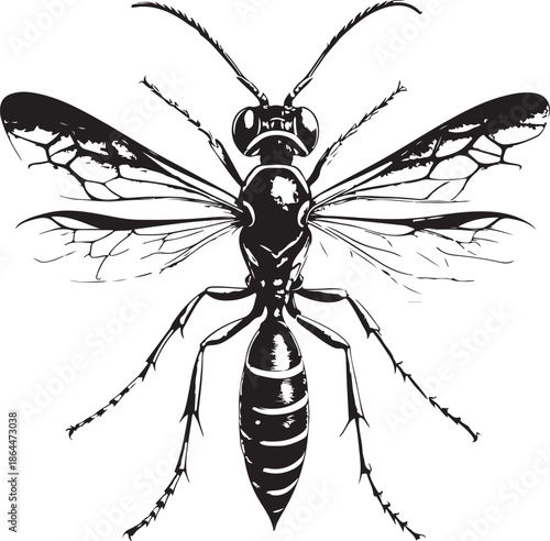 Parasitic wasp (Trichogramma, Ichneumon wasps) Hand-drawn Sketch Drawing Vector Illustration, Line Linear Symbol Engraving Coloring Book, Black and White Isolated