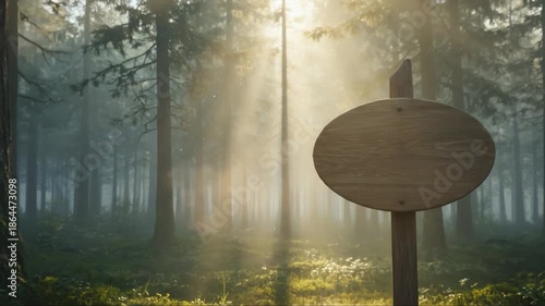 Sunlight Filters Through Forest With a Wooden Sign in Foreground