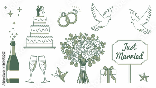 Set of elegant wedding-themed illustrations including cake, rings, doves, bouquet, champagne, and gift.