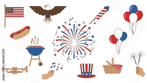 Collection of patriotic American icons and symbols for Fourth of July celebration.