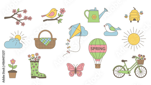 Colorful spring icons including flowers, birds, kite, hot air balloon, and garden tools.