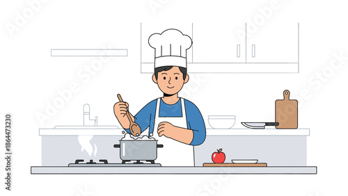 Chef cooking in a modern kitchen with fresh ingredients and utensils.