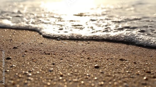 Wallpaper Mural Sunlight dancing on wet sand Low angle, extreme close-up of individual sand grains and water droplets reflecting light. summer beach sparkle Torontodigital.ca