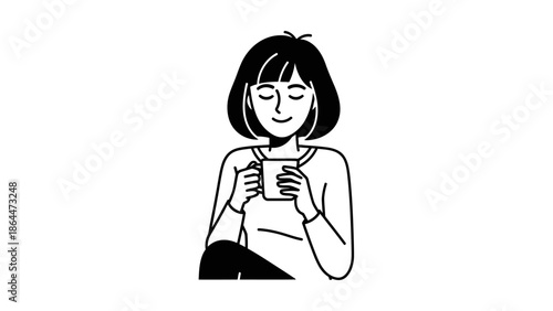 Illustration of a woman enjoying a hot beverage with closed eyes and a peaceful smile.