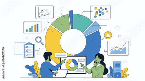 Two people analyzing data charts and graphs around a large colorful pie chart.