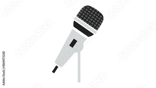 Illustration of a classic black and white microphone on a stand.