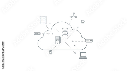 Illustration of cloud computing network connecting various digital devices and servers.