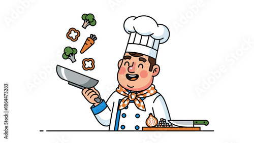 Happy chef cooking and tossing vegetables in a frying pan in kitchen.