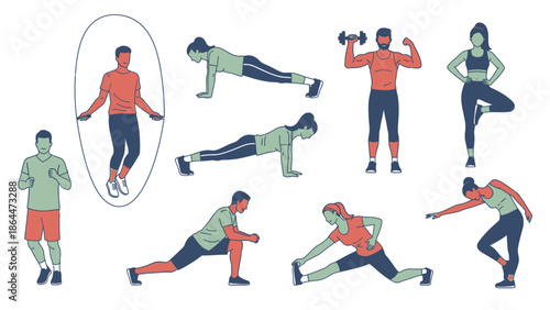 Set of diverse people performing various fitness exercises and stretches.