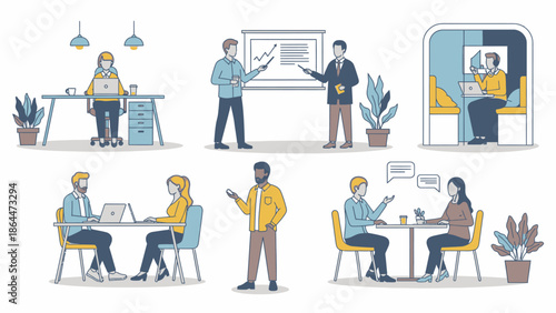 Business professionals engaging in various office activities and meetings.