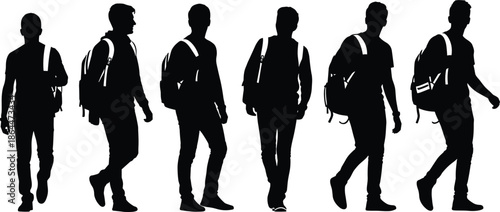 Seven walking youth silhouettes with backpacks and caps, sequential motion study showing smartphone use, walking posture progression, vector illustration for urban and education design