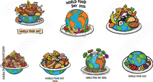 Illustrations of the Earth filled with food representing World Food Day and a global culinary celebration