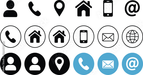 A Comprehensive Vector Set of 18 Communication Icons Featuring Solid, Outlined, and Blue Circular Styles for Professional Business Cards and Digital UI.