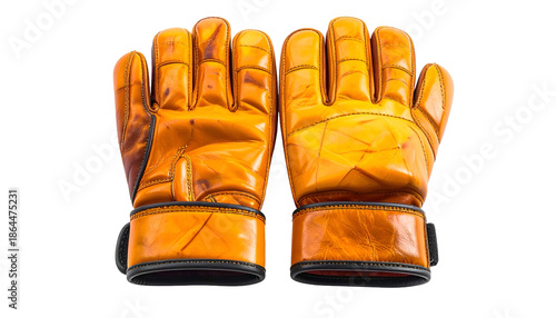 Close-up studio shot of two worn, orange sports gloves set side by side on a seamless white background