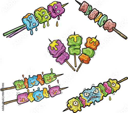 Whimsical cartoon skewers featuring a variety of colorful, quirky, and melting monster-like treats, creating a fun, humorous, and slightly spooky dessert illustration
