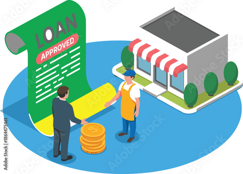 An Isometric Professional Vector Illustration Depicting a Financial Loan Approval Featuring a Representative, a Business Owner, a Storefront, and Gold Coins.