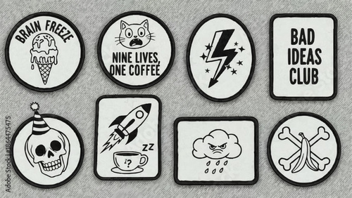 Collection of eight unique graphic patches with humorous and quirky designs.