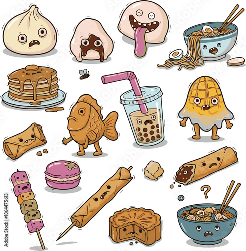 Cute and funny cartoon food icons collection. Features anthropomorphic Asian snacks, desserts, and meals with expressive faces, perfect for playful culinary designs