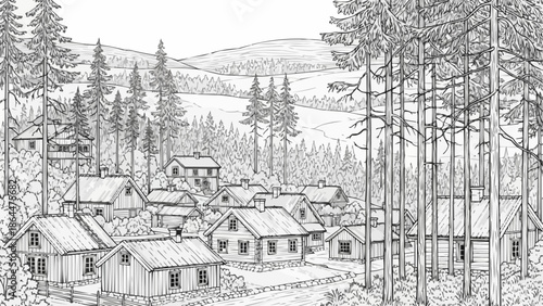 Rustic village nestled amongst tall pine trees and rolling hills.