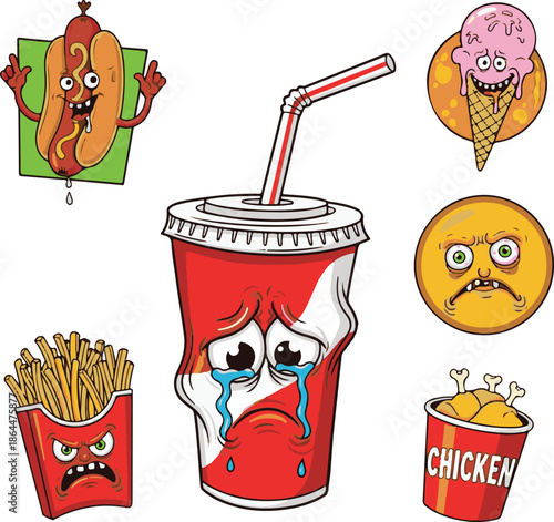 Funny fast food characters and icons including a crying soda cup, hot dog, fries, ice cream, and fried chicken bucket
