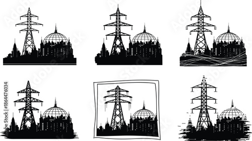 Black silhouette of high voltage power transmission towers over city skyline, industrial energy infrastructure with urban cityscape isolated on white.