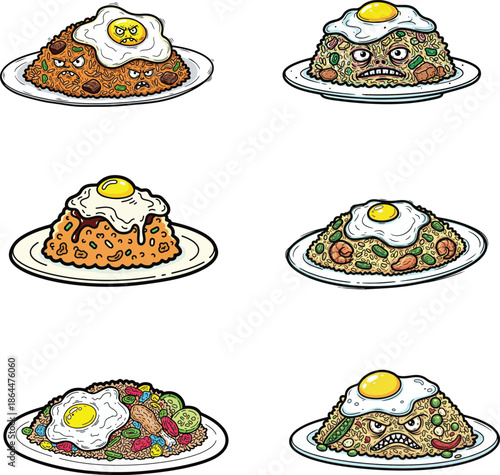 A humorous and vibrant collection of cartoon fried rice dishes