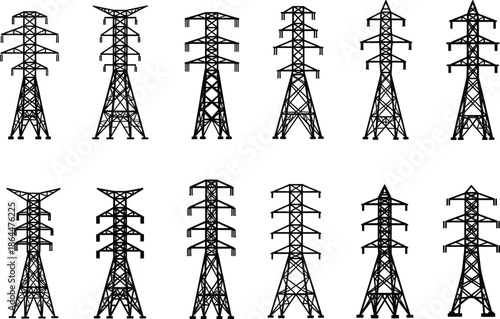 Black silhouette of high voltage power transmission towers, electrical transformers, and communication antennas set, isolated on white background, industrial vector.