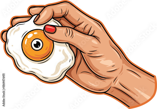 Woman's Hand Holding a Perfect Fried Egg Illustration, Stylized Cartoon Vector Graphic with Bright Yolk and Red Nail Polish, Quirky Food and Cooking Theme Design.