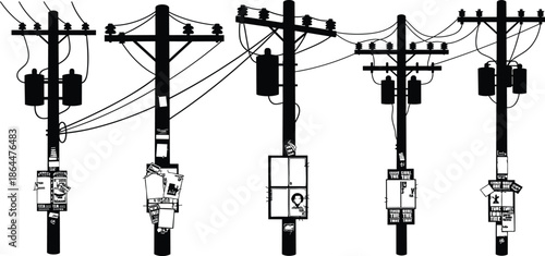 Black silhouette of urban utility poles with electrical wires and street posters on white background isolated vector illustration for graphic design