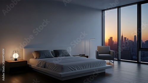 Modern bedroom interior with city skyline view at sunset.