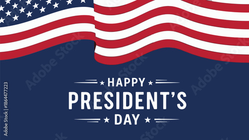 Happy President's Day greeting card illustration featuring waving American flag background design
