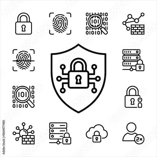 Cybersecurity and Data Protection Icons Set - Digital Security, Fingerprint Authentication, Data Encryption, Network Firewall, Secure Cloud Storage, Server Security