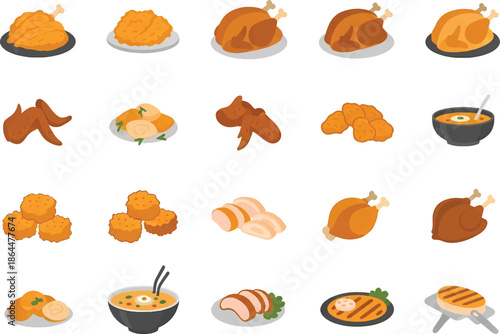 Assorted culinary delights and dishes presented in a grid of digital illustrations