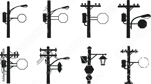Black, silhouette, set, of, electric, utility, poles, street, lamps, with, blank, signage, boards, power, lines, and, energy, infrastructure, icons, isolated.