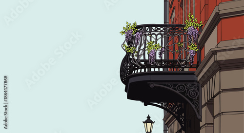 Ornate wrought iron balcony adorned with blooming purple flowers on a classic brick building exterior.