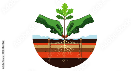 Hands plant a young oak seedling with visible roots growing through rich soil layers for environmental growth and sustainability.