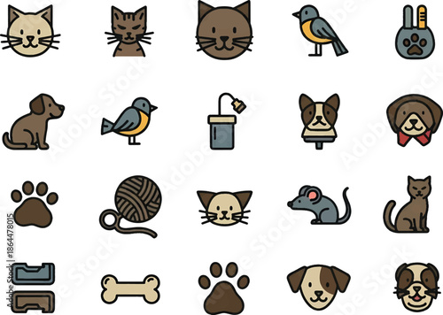 A collection of cartoon animal icons and pet-related objects in a grid layout