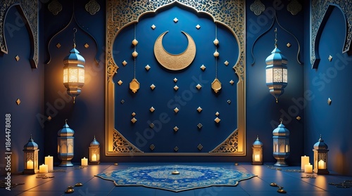 Elegant Ramadan Wall Decoration with Crescent Moon and Golden Lanterns