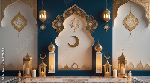 Elegant Ramadan Wall Decoration with Crescent Moon and Golden Lanterns