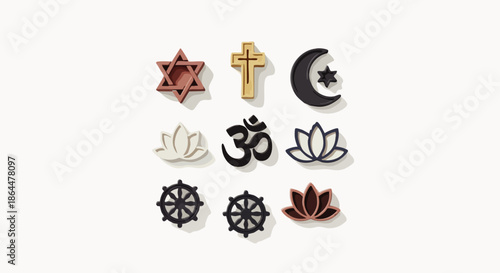 Diverse religious symbols representing various faiths arranged neatly on a plain background, symbolizing spirituality and belief.