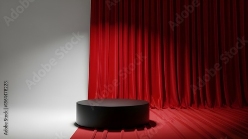 Elegant black pedestal with red velvet curtain backdrop and spotlight on a minimalist stage