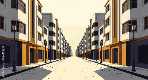 Symmetrical perspective of a deserted street lined with identical art deco buildings under a soft, hazy sky.