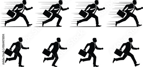 Set of running businessman silhouettes, corporate man in suit rushing with briefcase, fast career motion, cad drawing flat vector illustration.