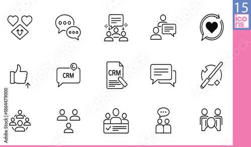 Black and white CRM and communication icons set, teamwork, feedback, customer serviceBlack and white CRM and communication icons set, teamwork, feedback, customer service