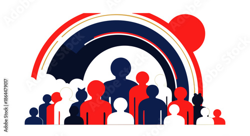 A diverse crowd of stylized human silhouettes stands united under a patriotic red, white, and blue arch, symbolizing community and collective strength.