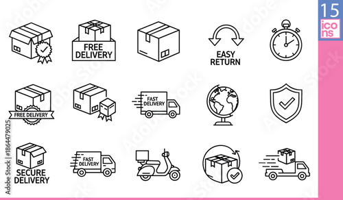 Black and white delivery and shipping service icons set, including packages, trucksBlack and white delivery and shipping service icons set, including packages, trucks