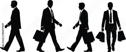 Set of walking businessmen silhouettes carrying shopping bags, male shoppers in suits with retail packages, consumer concept, cad drawing flat vector illustration.