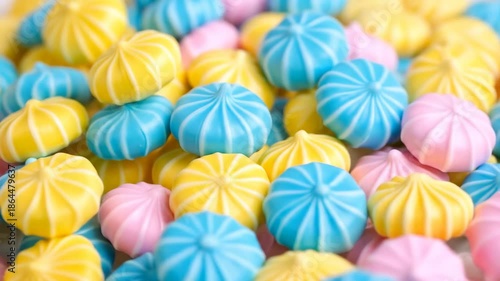 Colorful meringue kisses piled together in a sweet and delightful confectionery heap.