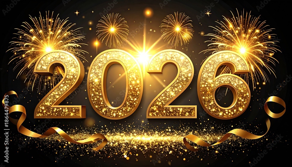 Glitter shiny Number Illustration 2026 3d Text illustration with gold fireworks and ribbons on black isolated Background, celebration theme concept