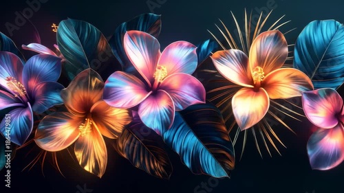 Luminous floral arrangement of vibrant hibiscus flowers and leaves on a dark background.
